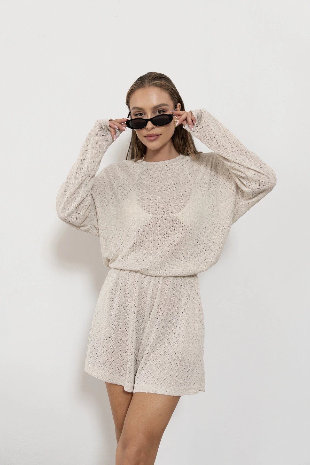 Riviera - bluzka oversize ażurowa dzianina jodełka kolor Latte / kremowy