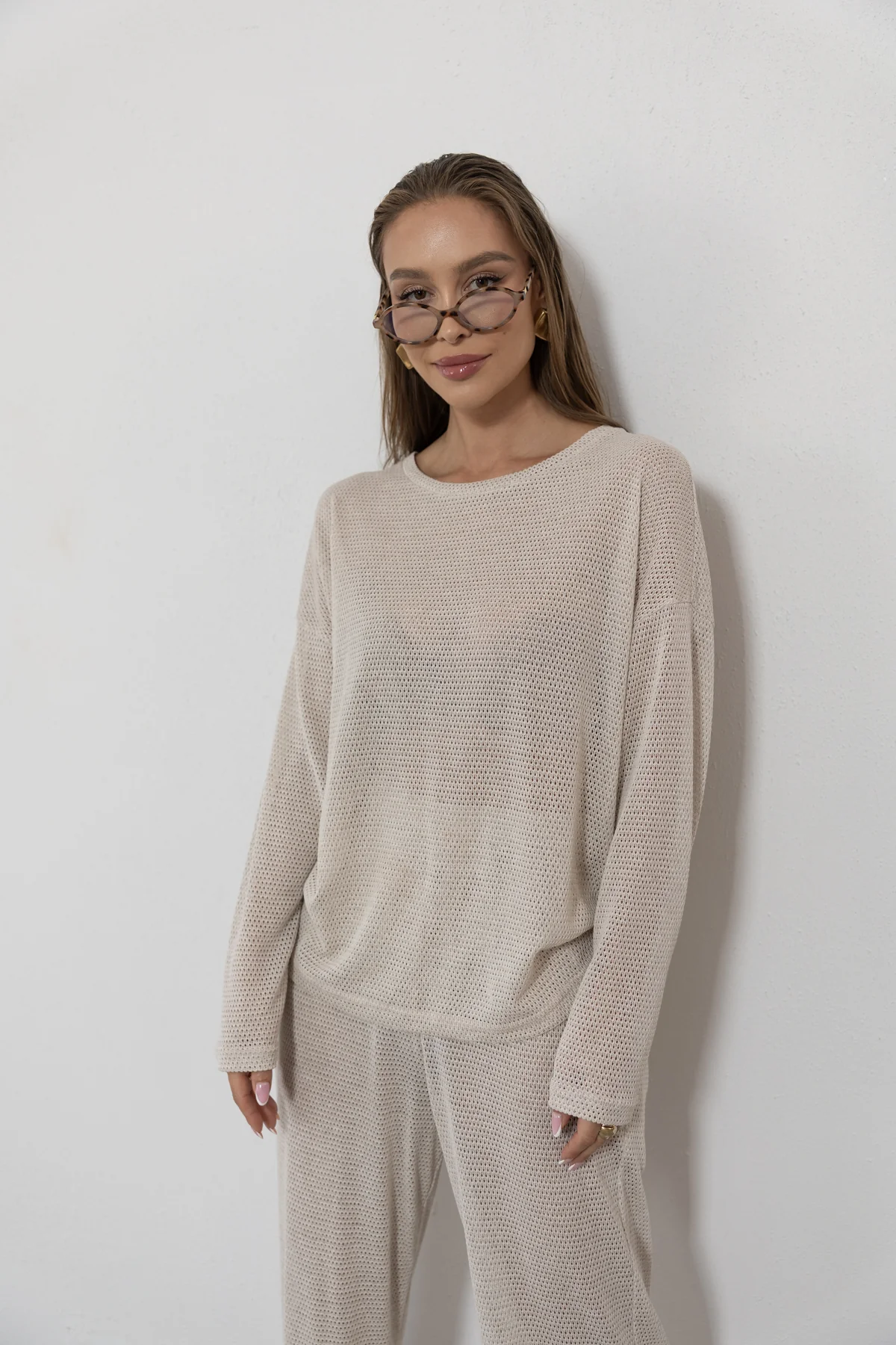 Riviera - bluzka oversize ażurowa dzianina siatka kolor Latte / kremowy