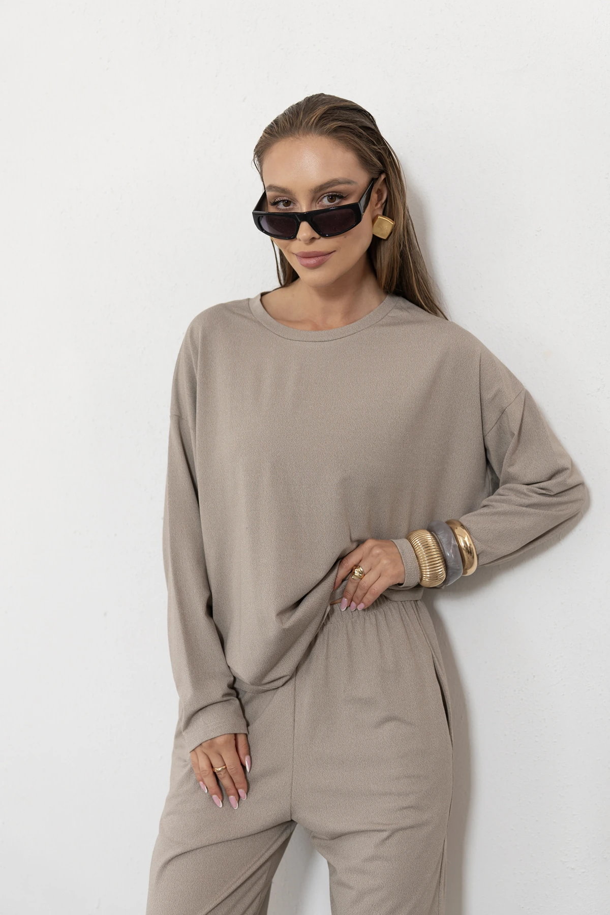 Riviera - bluzka oversize gładka dzianina kolor Cappuccino / chłodny beż