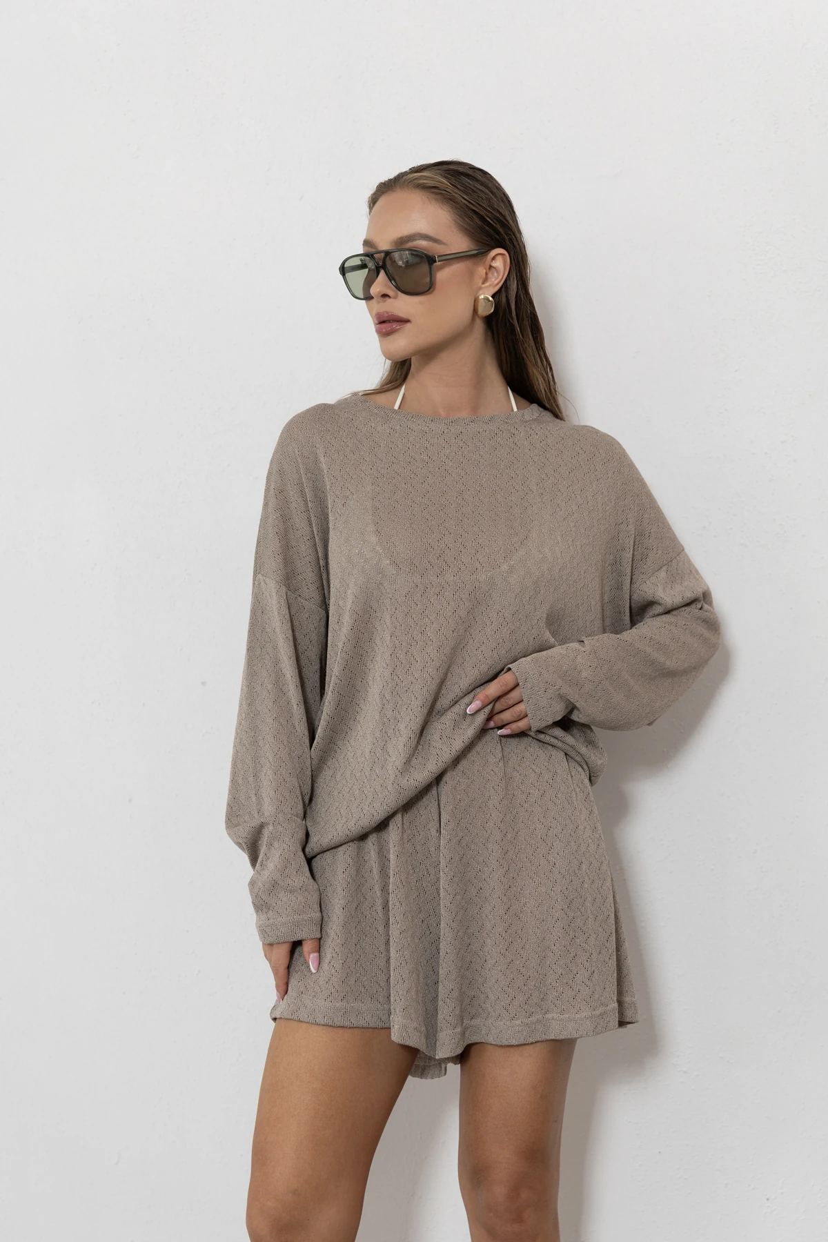 Riviera - bluzka oversize ażurowa dzianina jodełka kolor Cappuccino / chłodny beż