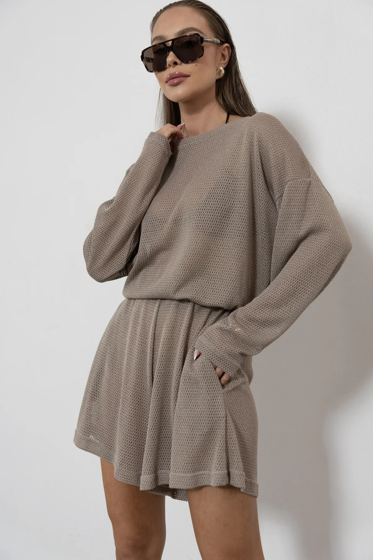 Riviera - bluzka oversize ażurowa dzianina siatka kolor Cappuccino / chłodny beż