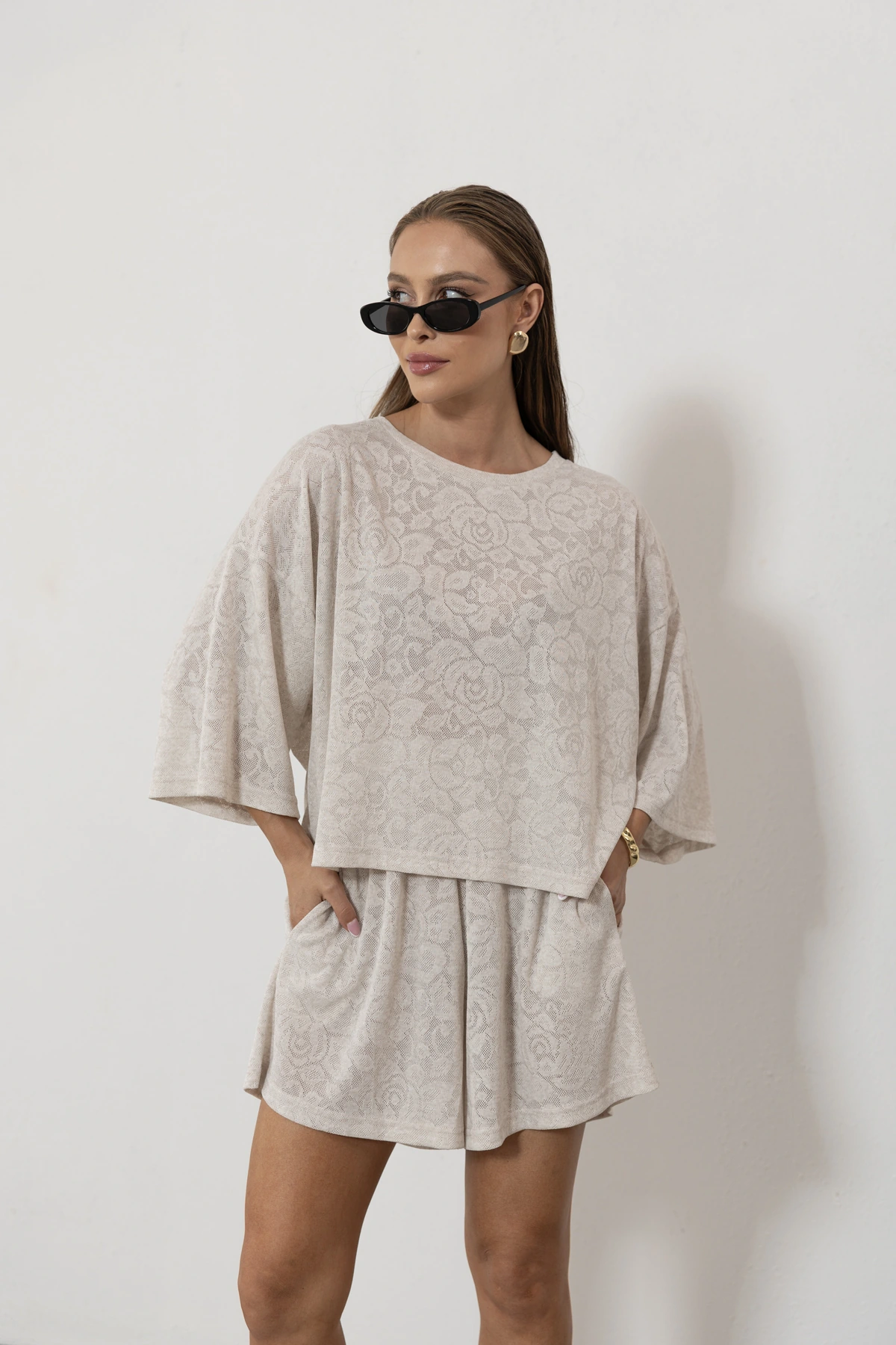 Paloma - bluzka oversize ażurowa dzianina róża kolor Latte / kremowy