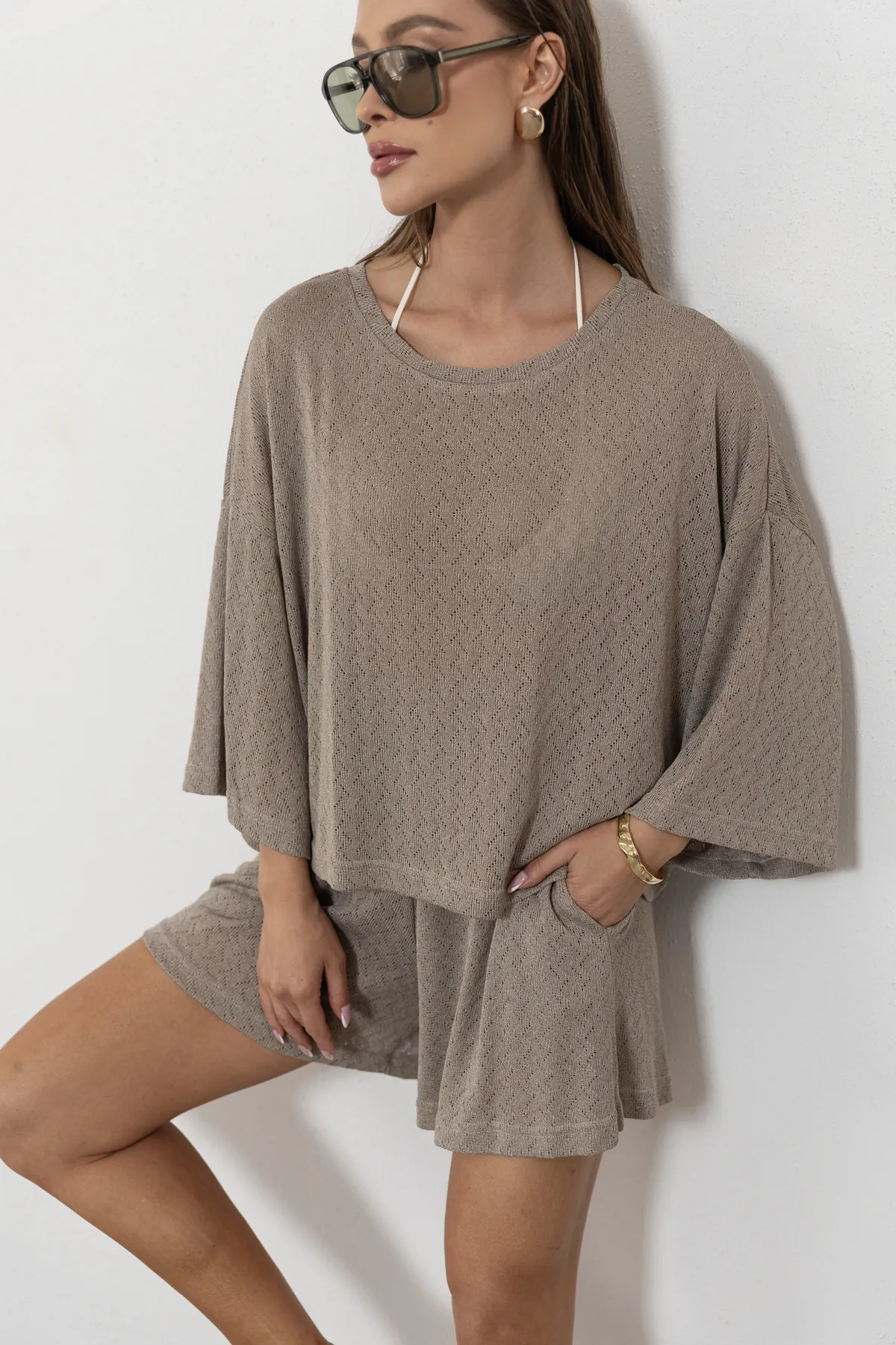 Paloma - bluzka oversize ażurowa dzianina jodełka kolor Cappuccino / chłodny beż
