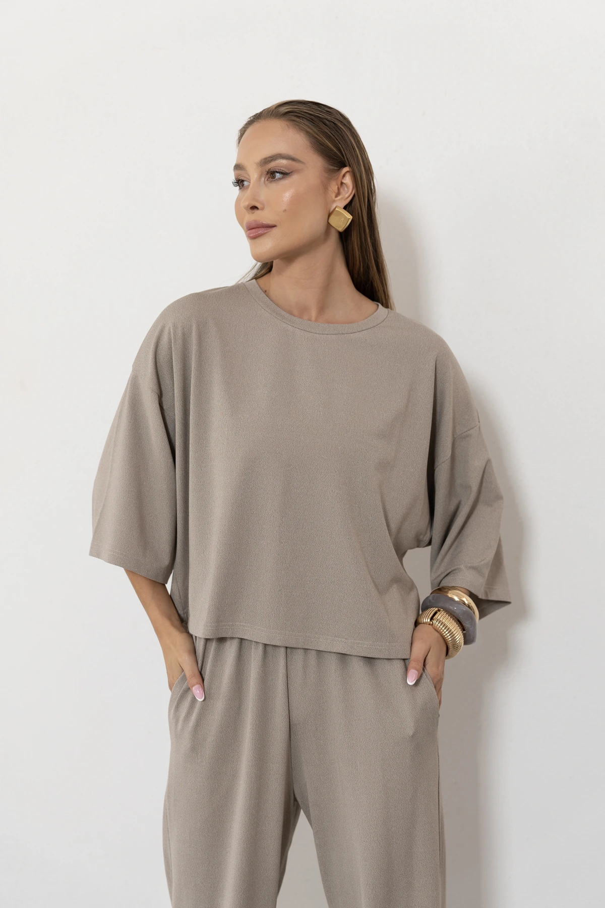 Paloma - bluzka oversize gładka dzianina kolor Cappuccino / chłodny beż