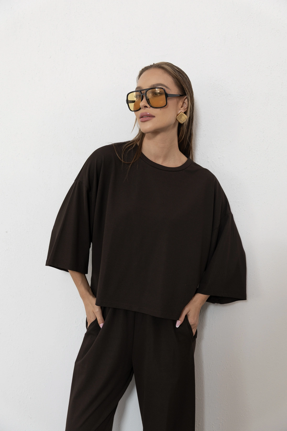 Paloma - bluzka oversize gładka dzianina kolor Mokka / ciemny brąz
