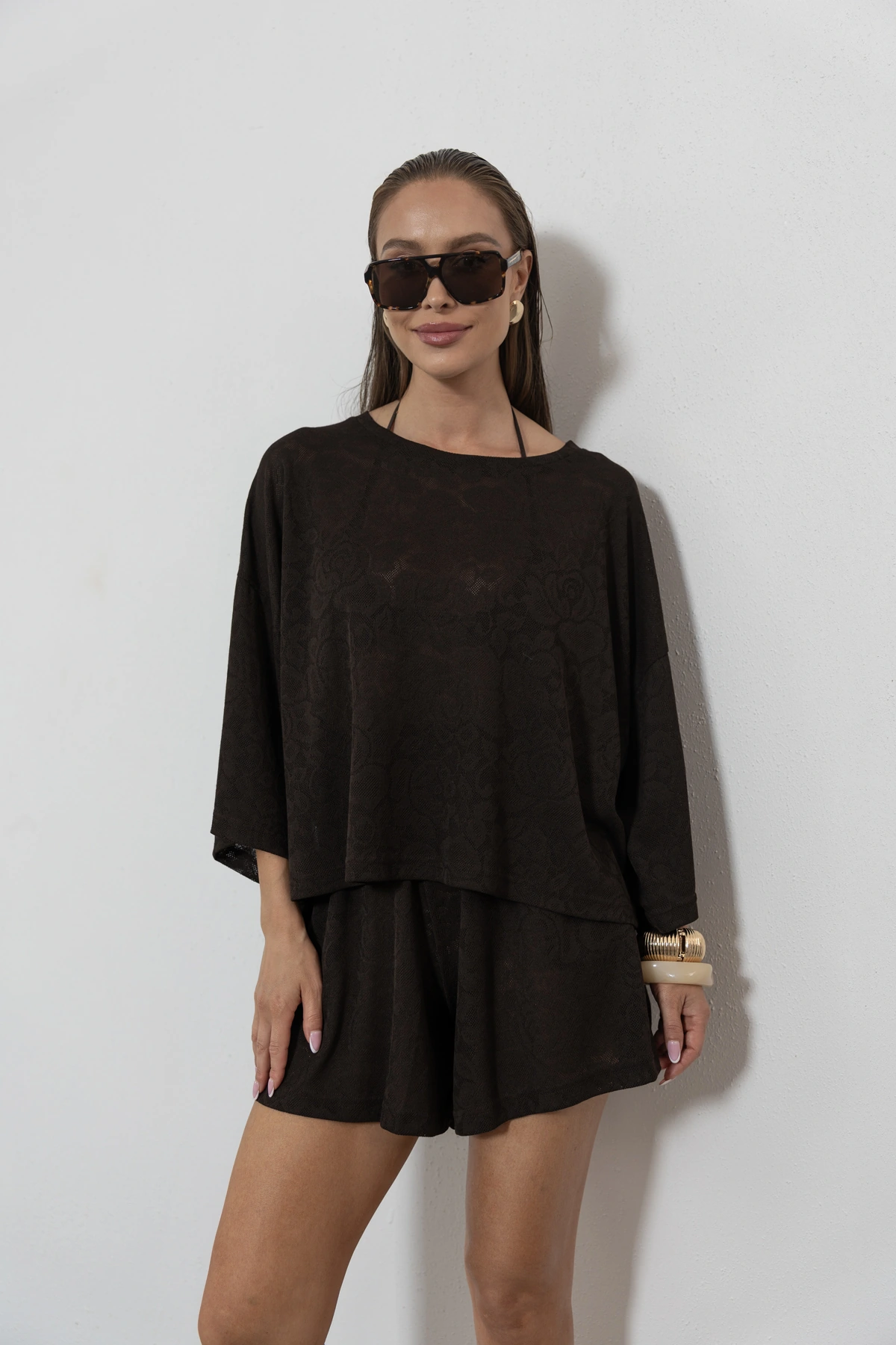Paloma - bluzka oversize ażurowa dzianina róża kolor Mokka / ciemny brąz