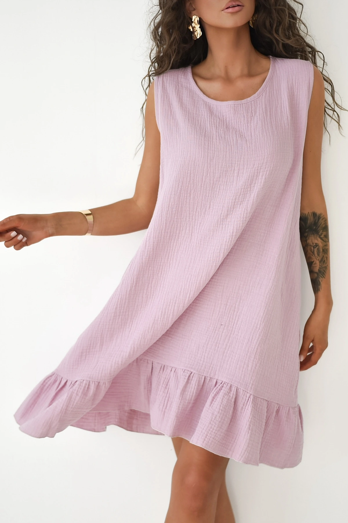 Punta - bawełniana mini sukienka oversize z muślinu wrzosowa